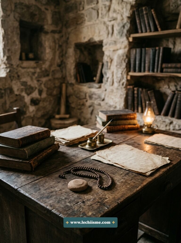 Table de travail d'un chercheur avec vieux manuscrits aux pages vierges