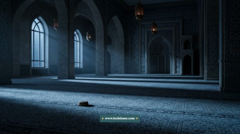 Salle de prière silencieuse d'une mosquée éclairée la nuit