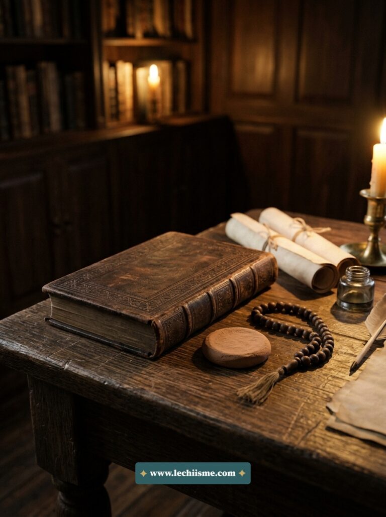 Ancien livre relié en cuir posé dans une bibliothèque historique