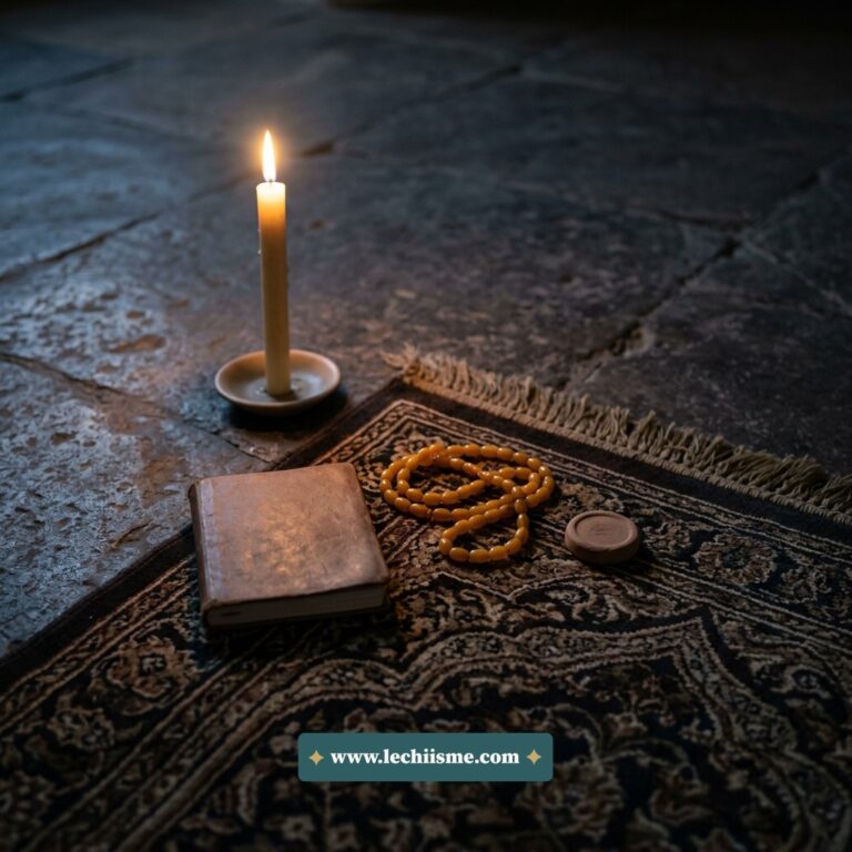 Un chapelet d'ambre et une petite pierre de prière reposent près d'une bougie allumée sur un tapis dans une pièce sombre.