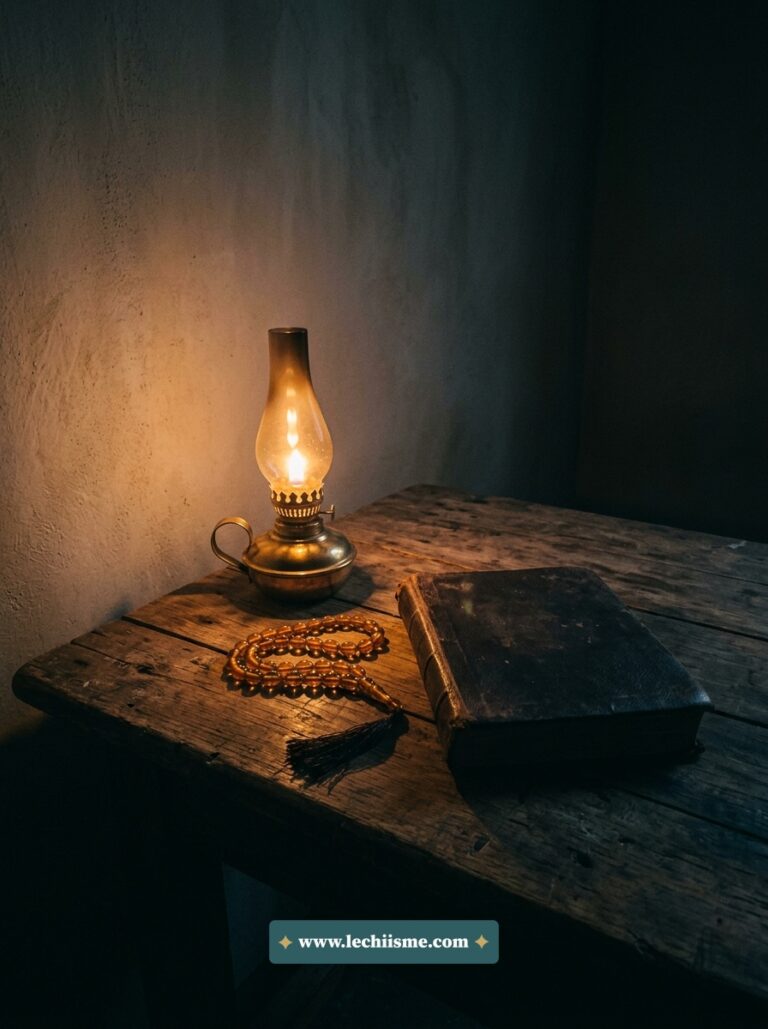 Chapelet d'ambre près d'une lampe allumée dans une pièce sombre pour a
