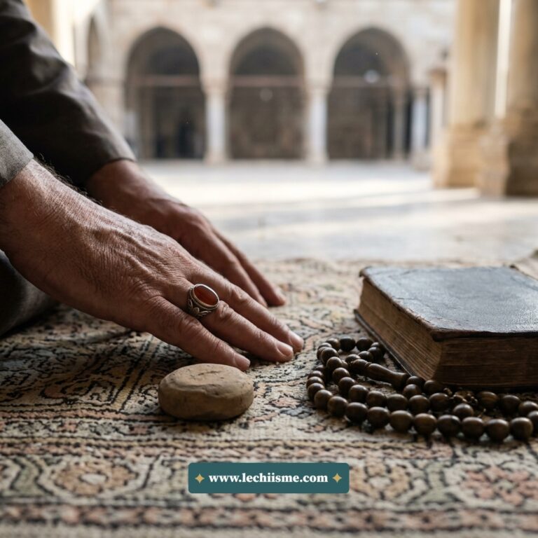 Un chapelet en bois sombre et une bague en agate posés près d'une petite pierre de prière sur un tapis lors des dévotions d'Arbaïn.