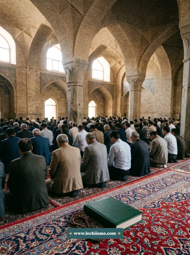 Rangées de fidèles vus de dos durant la prière du vendredi dans une mosquée